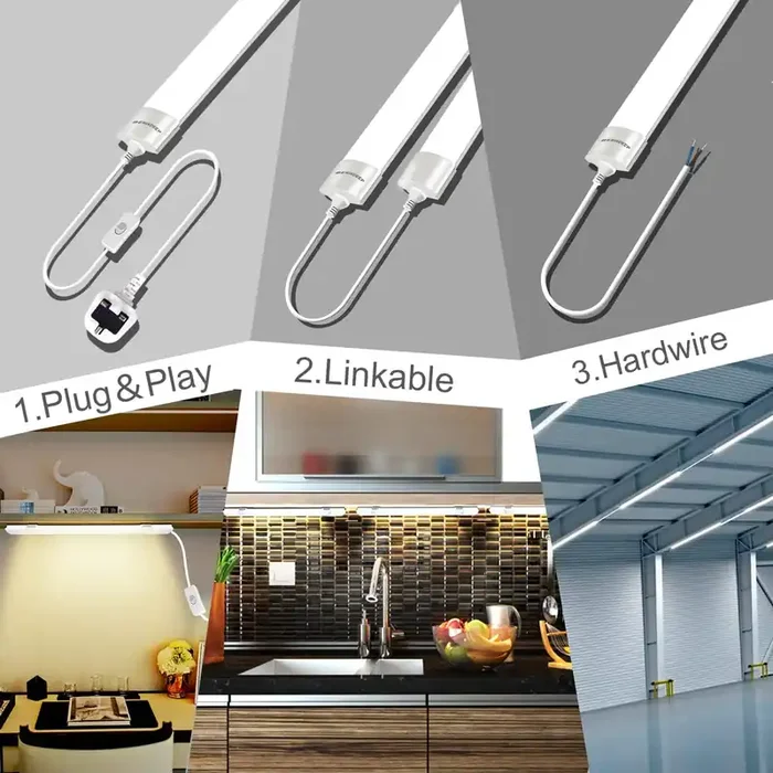 1.3ft LED Batten Light 18W Plug in Strip, 6500K Daylight IP65 Linkable