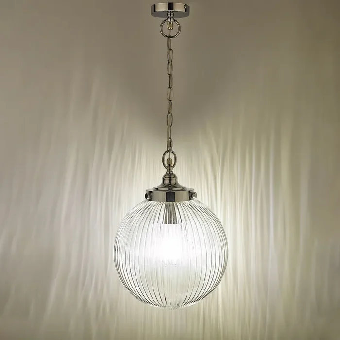 1 Light Bathroom Pendant Polished Chrome Ribbed Glass IP44 (0183TAM0150IP44)