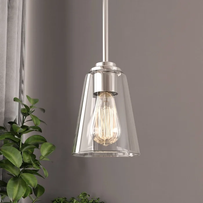 1-Light Flared Shape Pendant Lighting Fixture with Clear Glass Shade, E26 Base, UL Listed for Damp Location – Brushed Nickel