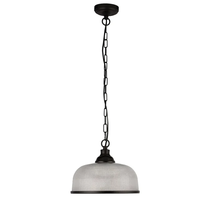 1 Light Pendant – Black Metal & Holophane Glass (0483HIG2BK)