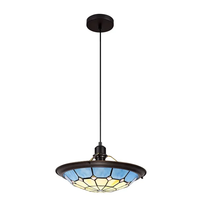 1 Light Pendant E27 with 35cm Tiffany Shade, Cream/Blue Aged Antique Brass Trim (1230MAJK8)