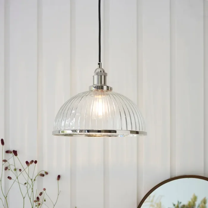 1 Light Pendant in Bright Nickel Plating and Clear Ribbed Glass Shades (0711HAN76713)