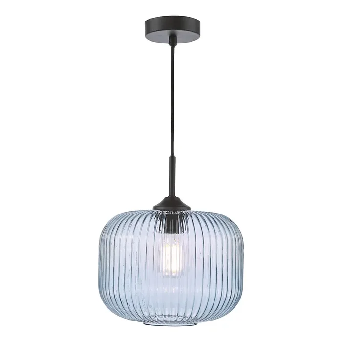 1 Light Pendant Matt Black and Blue Ribbed Glass (0183DEM0123)