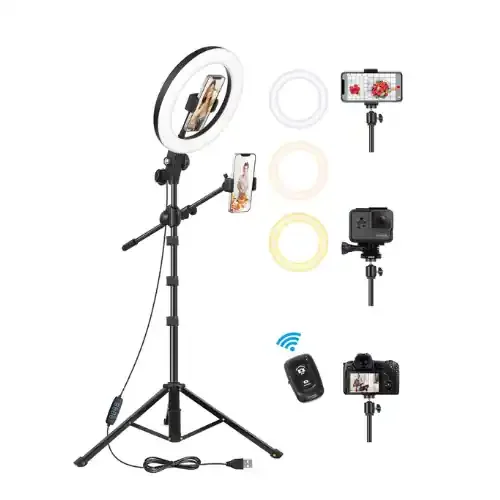 10.5Inch Ring Light with Tripod Stand in UK – Bluetooth Control, 360° Rotatable, 3 Lighting Modes with 2 Shooting Positions, Overhead Tripod for Video Recording, Live Streaming, Makeup