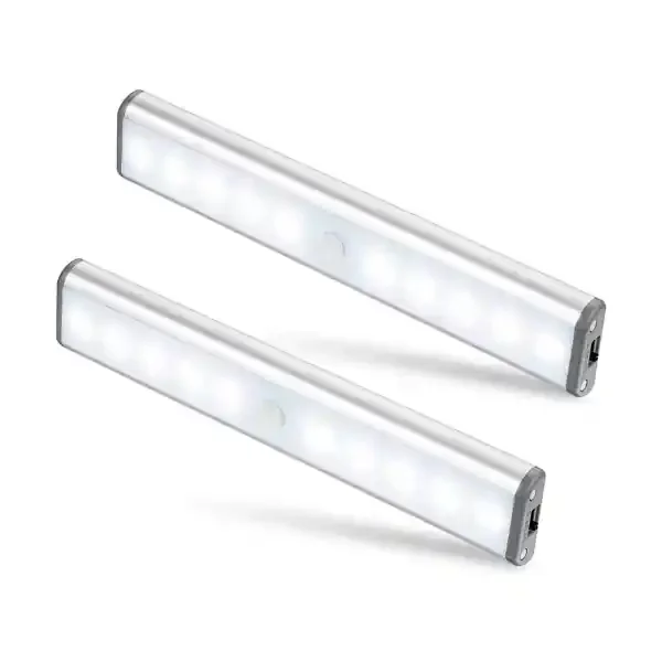 10 LED Magnetic Motion Sensor Wardrobe Closet Lights,Auto On/Off Under Cupboard Cabinet Lighting,Rechargeable Battery Powered Sensing Night Light,Stick-on Anywhere (Silver Aluminium,2 Pack)