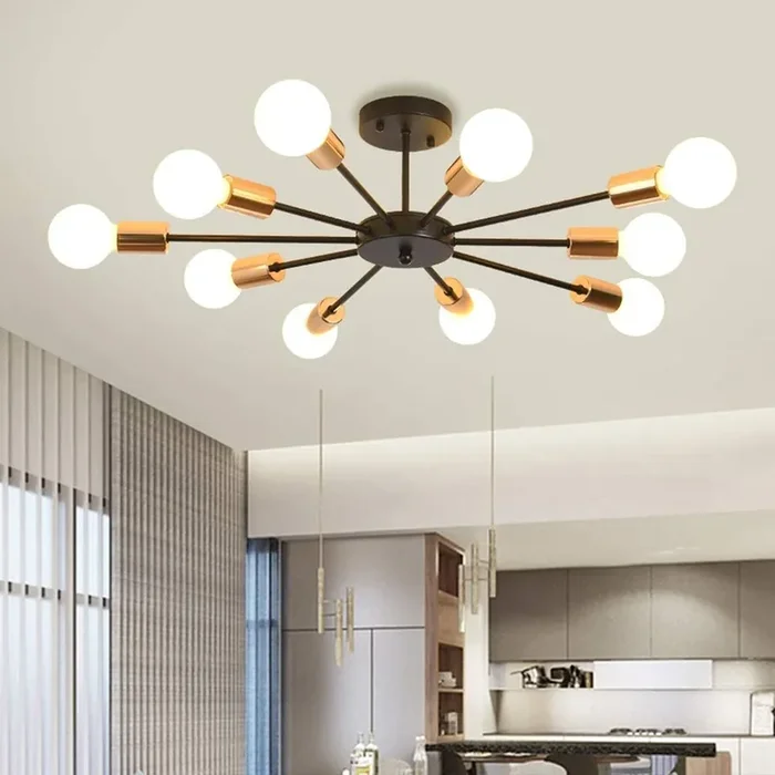 10-Light Semi Flush Mount Chandelier – Modern Industrial Black Sputnik Ceiling Lamp Fixture for Kitchen, Dining, Living Room