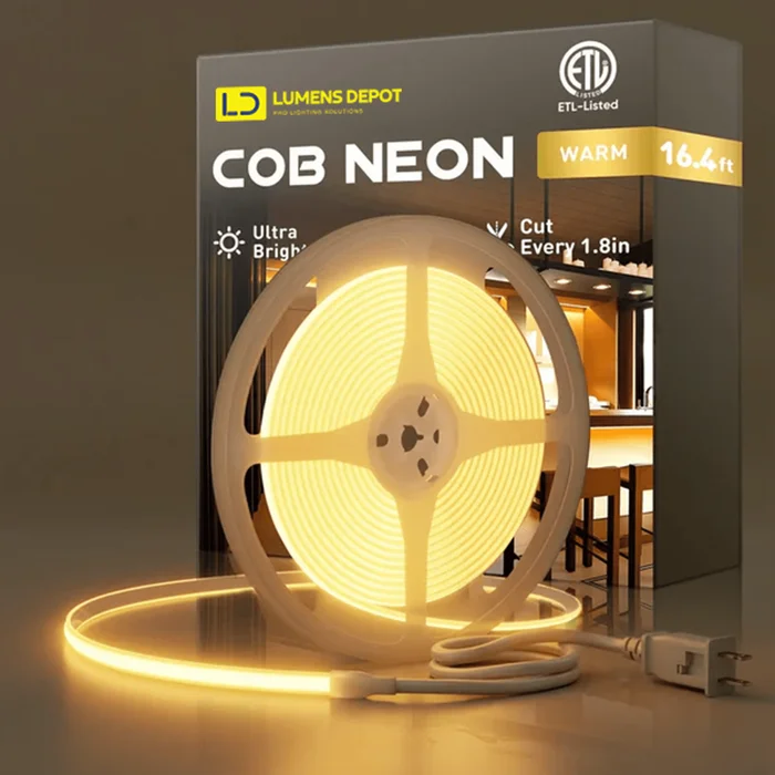 110-120V Warm White(2800K) COB LED Neon Rope(10mmX4.5mm)-Peel and Stick Tape Light, IP65 Splash Proof, Cuttable, dimmable, can hardwire