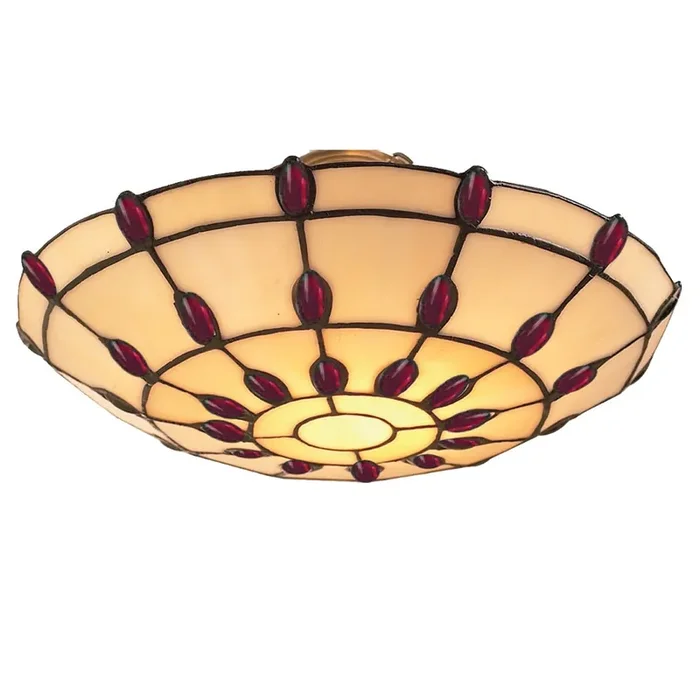 12″ Beige & Red Jewel Tiffany Glass Easy Fit Pendant Dome Up Light Shade 30cm