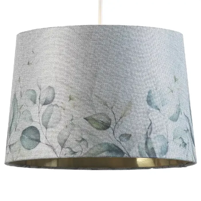 14″ Grey Linen Leaves Design Gold Inner Vintage Easy Fit Tapered Drum Shade 35cm