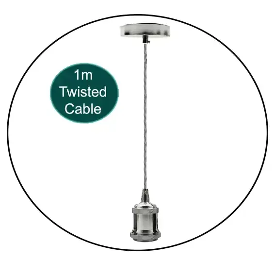 1m Grey Twisted Cable E27 Base Chrome Holder~1711