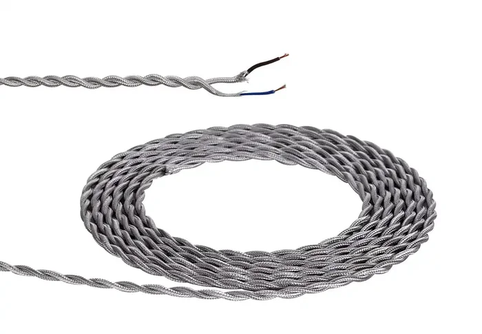 1m Silver Braided Twisted 2-Core 0.75mm Electrical Cable