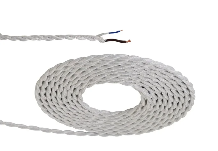 1m White Braided Twisted 2-Core 0.75mm Electrical Cable