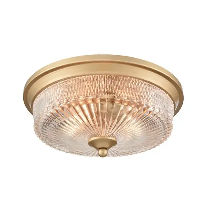 2 Light Flush Fitting – Gold Painted with Decorative Clear Ribbed Glass (0194EMECF5820)