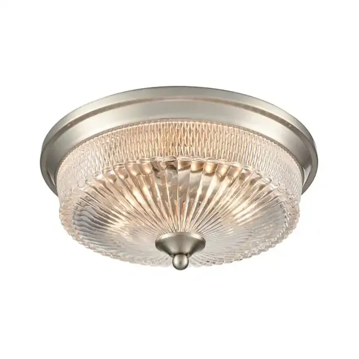 2 Light Flush Fitting – Satin Nickel with Decorative Clear Ribbed Glass (0194EMECF5821)