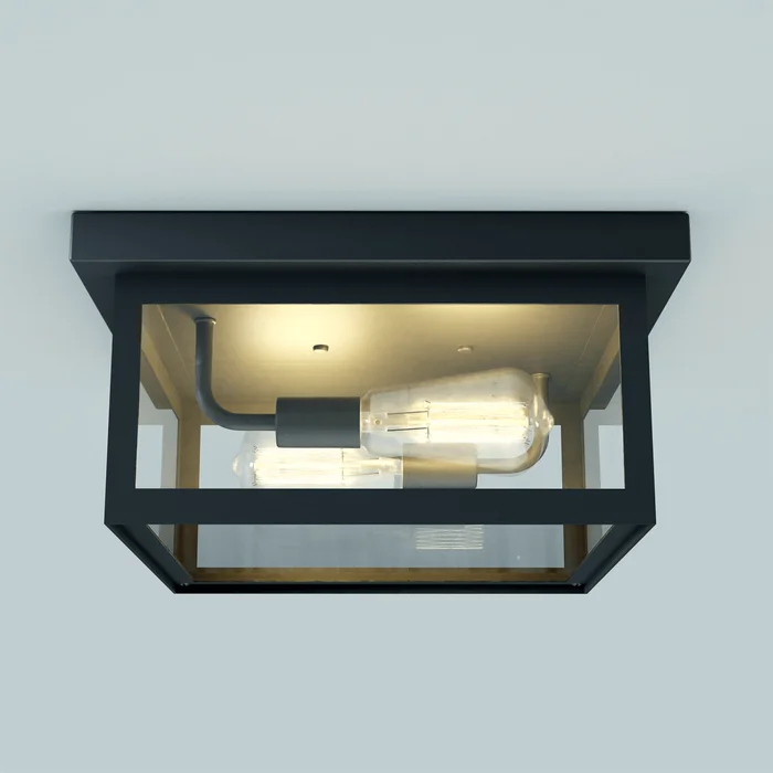 2-Light Outdoor Ceiling Lights Black Outdoor Flushmount – 12.2″L x 12.2″W x 5.98″H
