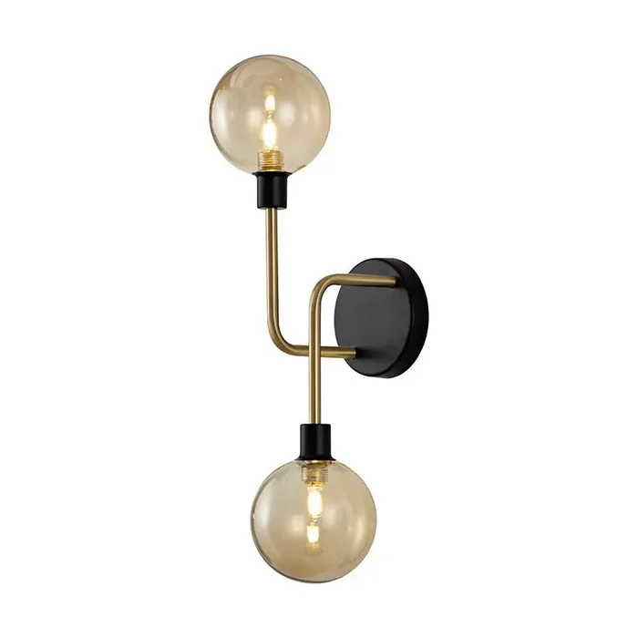 2 Light Wall Lamp – Matt Black/Antique Brass/Cognac Glass (1230FAI29A)