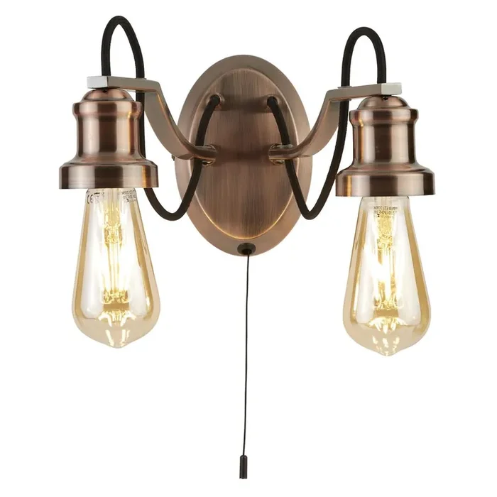 2 Light Wall Light – Antique Copper with Black Braided Cable (0483OLI10622CU)