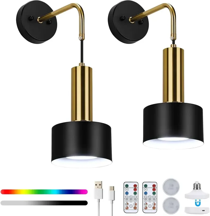 2 Pack Battery Operated Wall Lights Rechargeable Wall Sconces Battery Powered Dimmable Wall Light RGB 18 Colors Timing Battery USB Wall Lamp with Remote Control for Bedroom Living Room-Black