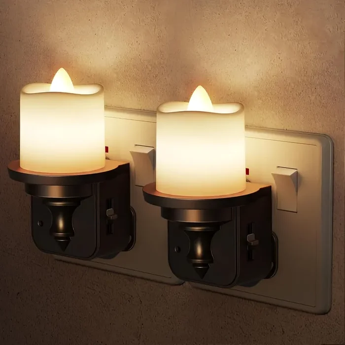 2 Pack Flameless LED Candle Plug-in Night Light, Vintage Design, 0-100LM Dimmable, 3000K Warm White, Dusk to Dawn Sensor