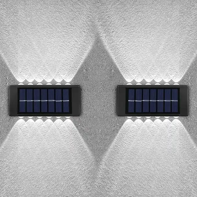 2 Pack Solar Wall Lights Outdoor – 12 LED Bright White, Waterproof Solar Fence Lights, Up & Down Garden Yard Path Lamps