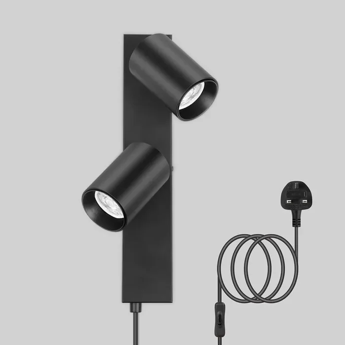 2 Way Black Plug-In Wall Lights – Adjustable GU10 Retro Sconce for Indoor Use