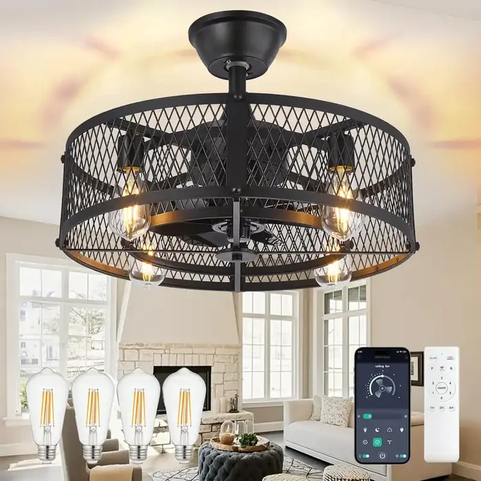 20″ Caged Ceiling Fan with Light – Farmhouse Fandelier, Remote & App Control, Quiet DC Motor, Black Rustic, Energy Class A++