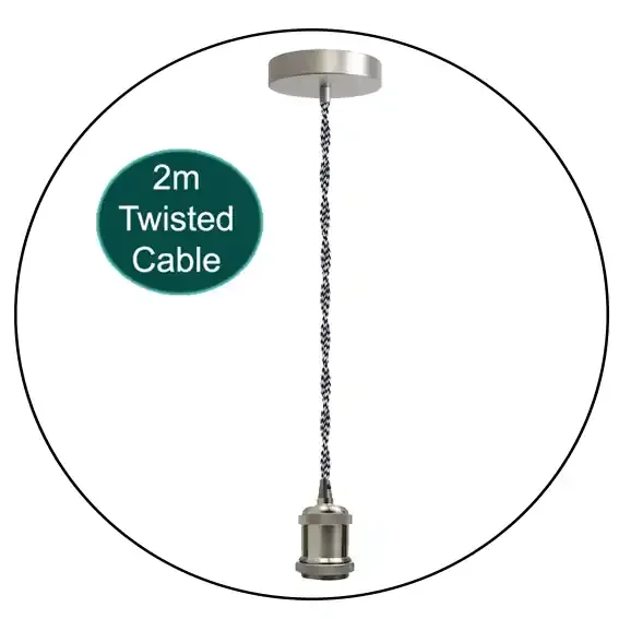 2m Black & White Twisted Cable E27 Base Satin Nickel Pendant Holder~1733