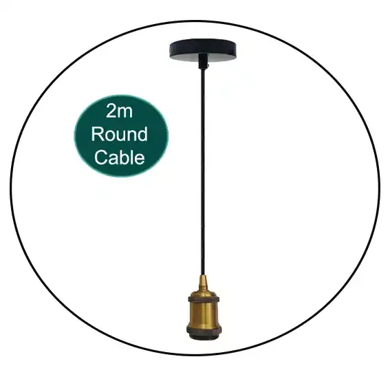 2m Black Round Cable E27 Base Yellow Brass Holder~1717