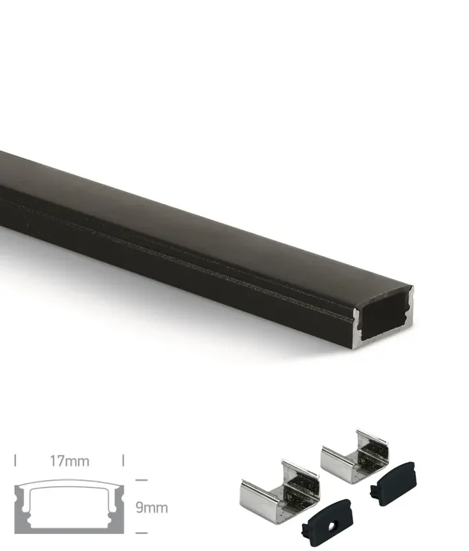 2m Matt Black LED Aluminium Profile with Black Diffuser 17mm wide 9mm high