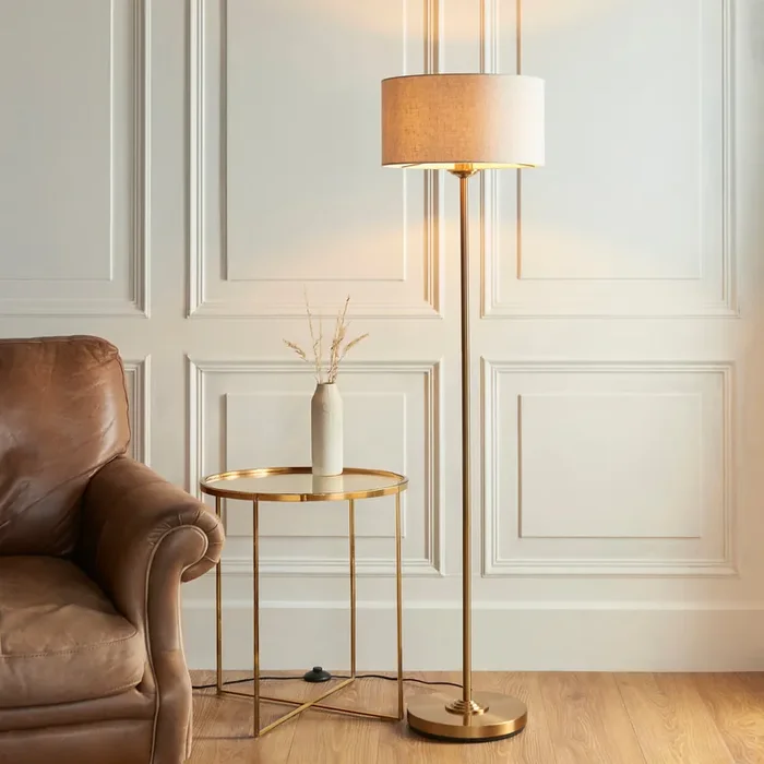 3 Light Floor Lamp – Vintage Brass with Natural Shade (0711HIG113461)