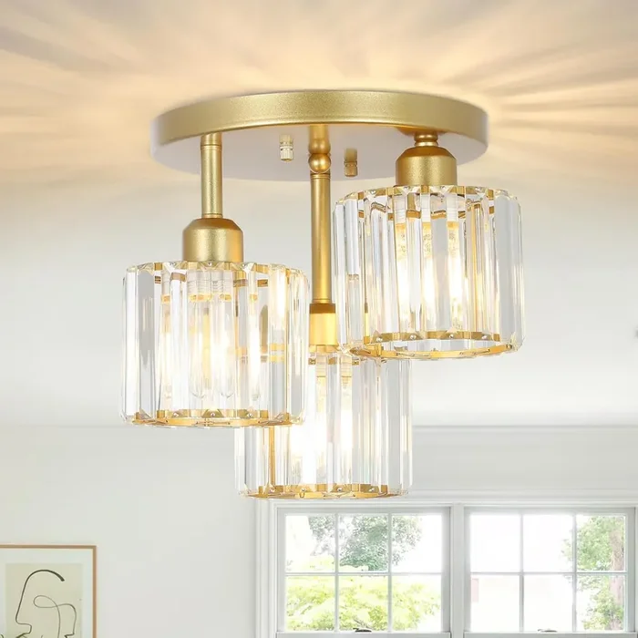 3-Light Modern Semi Flush Gold Crystal Chandeliers