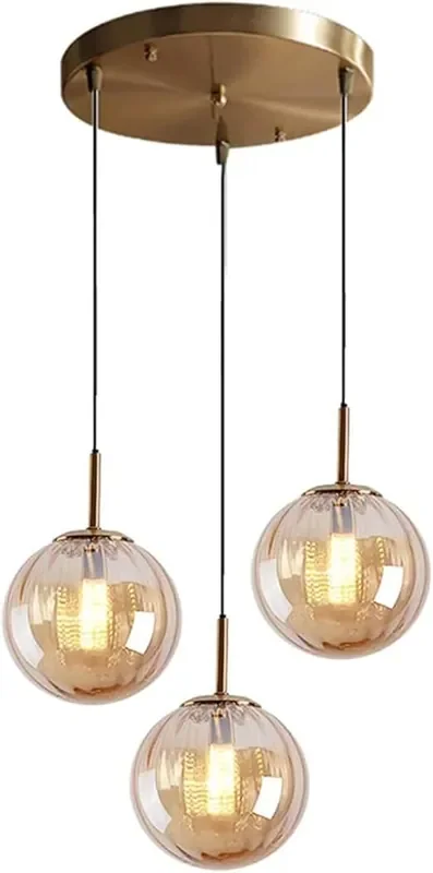 3-Light Pendant Ceiling Light with 15cm Amber Glass Globes Modern E14 Hanging Lamp for Dining Room, Kitchen Island & Living Room