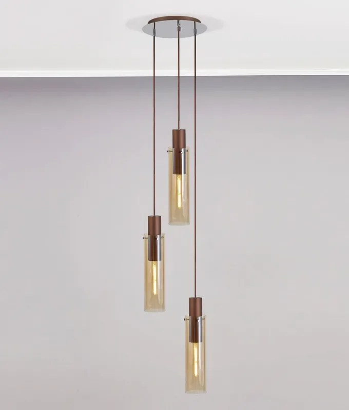 3 Light Round Long Drop Pendant – Mocha & Amber Glass