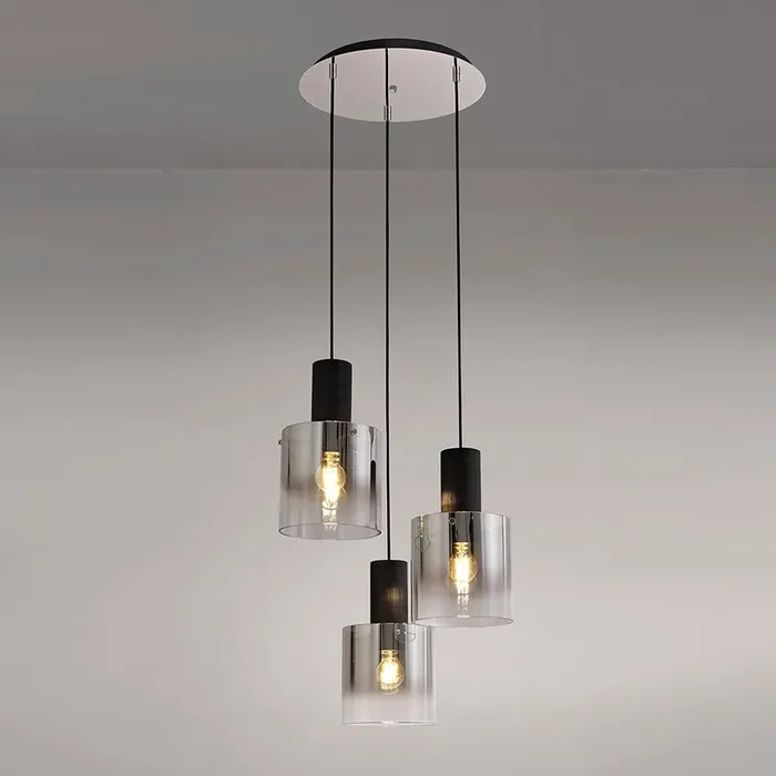 3 Light Round Pendant, Black / Smoke Fade Glass (1230CHE37B)