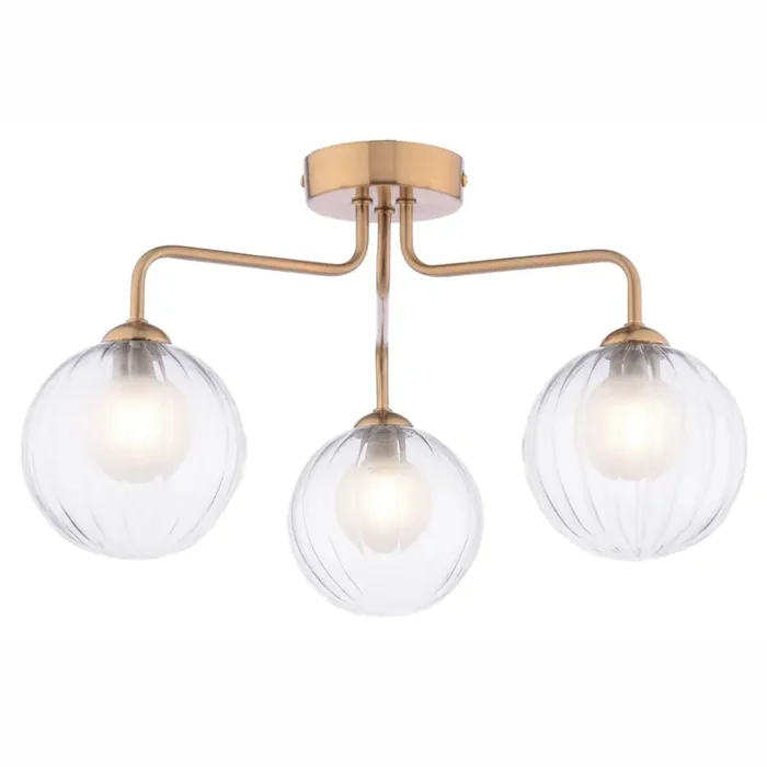 3 Light Semi Flush Antique Brass Clear Ribbed Glass (0183FEY036320)