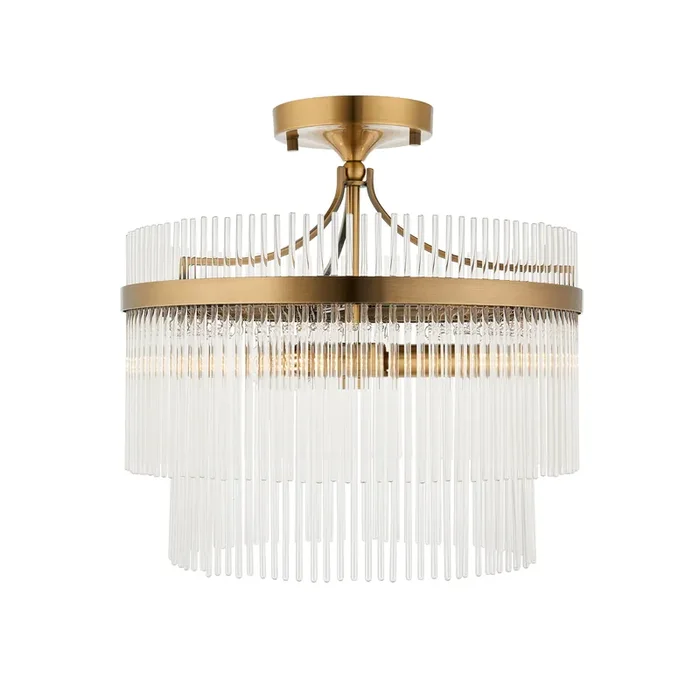 3 Light Semi Flush in Antique Brass with Clear Glass Rods (0711MAR112575)