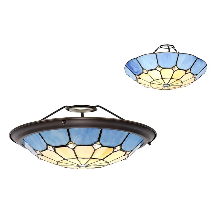 35cm Non-Electric Uplighter Shade Cream/Blue Aged Antique Brass Trim (1230MAJ29B)