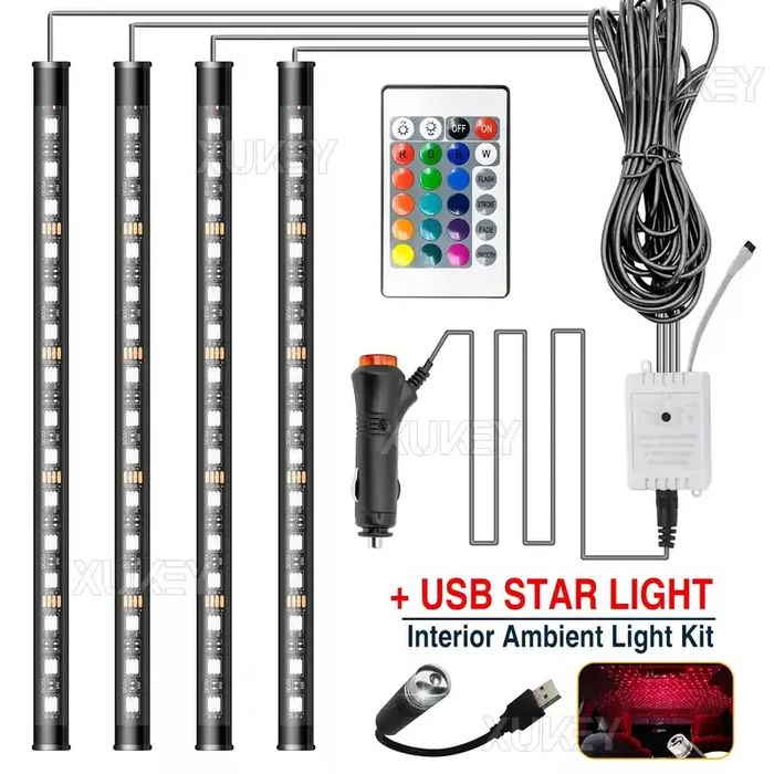 3W 4 LED Car Interior Footwell Strip Light In UK – IP44 Waterproof, Adjustable, Remote Control, Flexible, Easy to Install, Multiple Modes of Flashing, RGB Floor Light for Car, Cabinet, Van