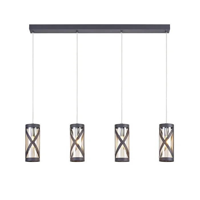 4 Light Linear Bar Pendant, Matt Grey/Polished Chrome/Cognac (1230SPR34B)