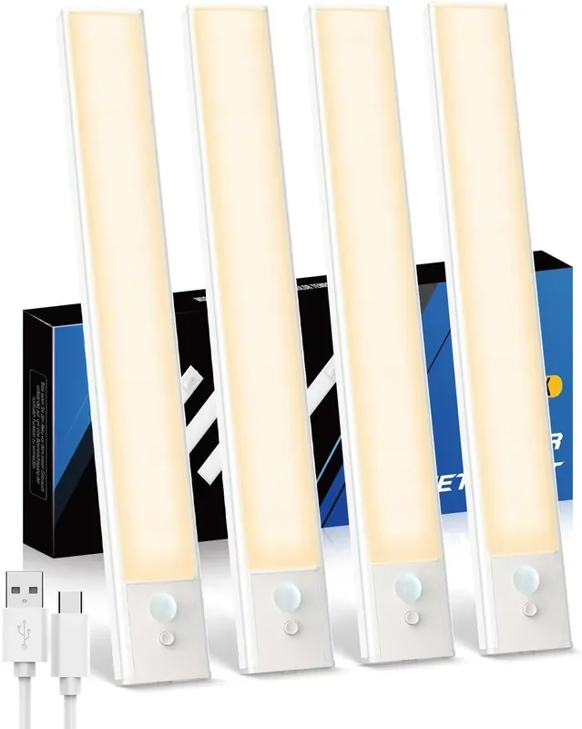 4 Pack Motion Sensor Under Cabinet Lights – USB-C Rechargeable LED Wardrobe, Cupboard & Kitchen Lighting (20CM, Warm White)