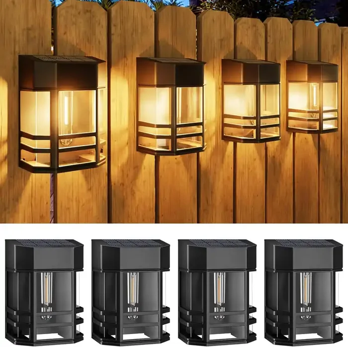 4 Pack Solar Fence Lights – Waterproof Retro LED Wall Lights, Auto On/Off Outdoor Garden Fence Lighting for Patio, Deck, Yard & Gate – Warm White (3000K)