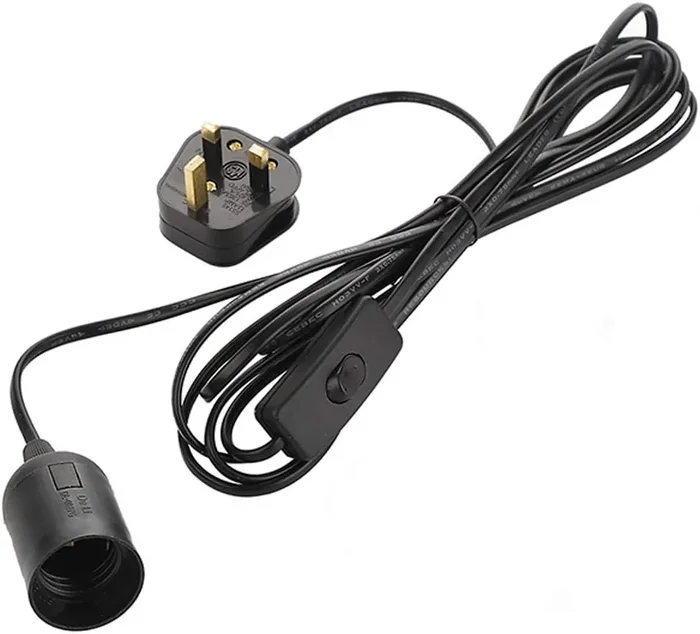 4M Plug-in Pendant Light Fitting with E27 Lamp Holder, On/Off Switch & Gold Fabric Cable – Ceiling Lighting Kit with UK Plug (Black)