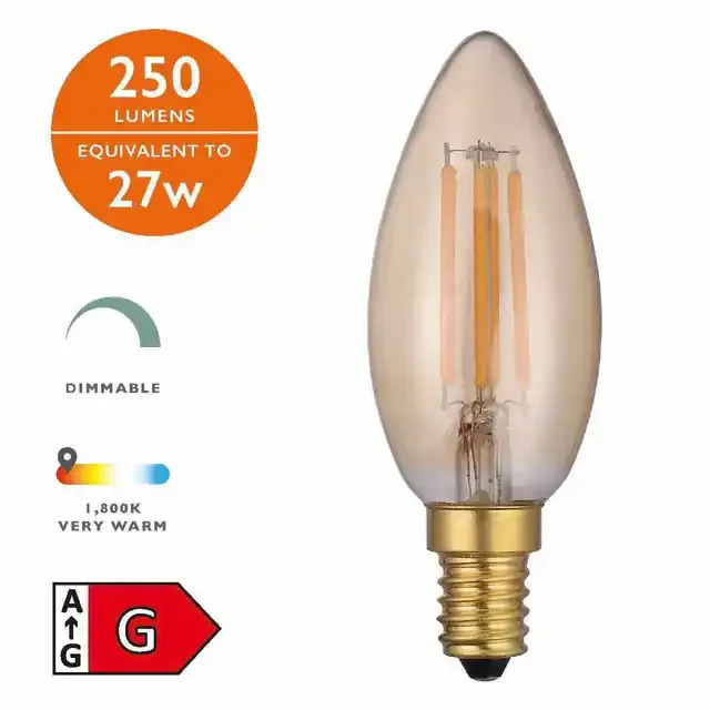 4w E14 1800k (Very Warm White) Vintage Dimmable Filament LED Candle Bulb