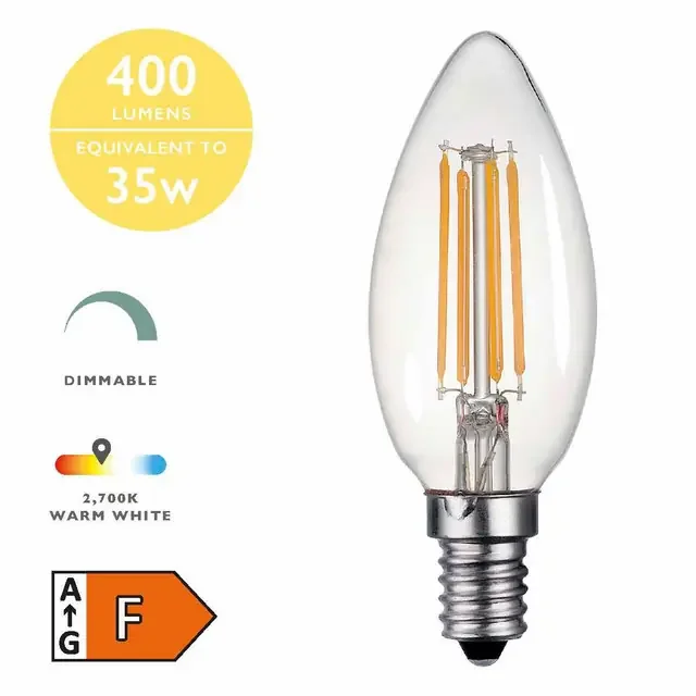 4w E14 2700k (Warm White) Dimmable Filament LED Candle Bulb