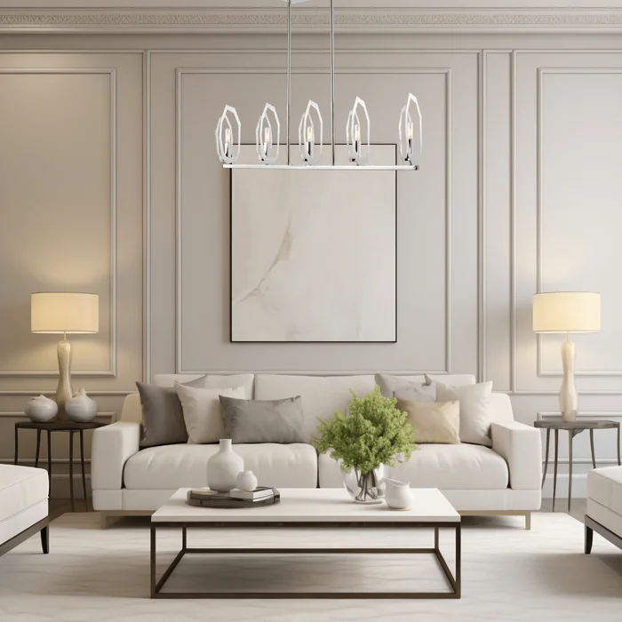 5-Light Chrome and stainless steel Finish with Deco Candlestick Linear Chandelier for Dining Room – 43″L x 7“W x 13”H