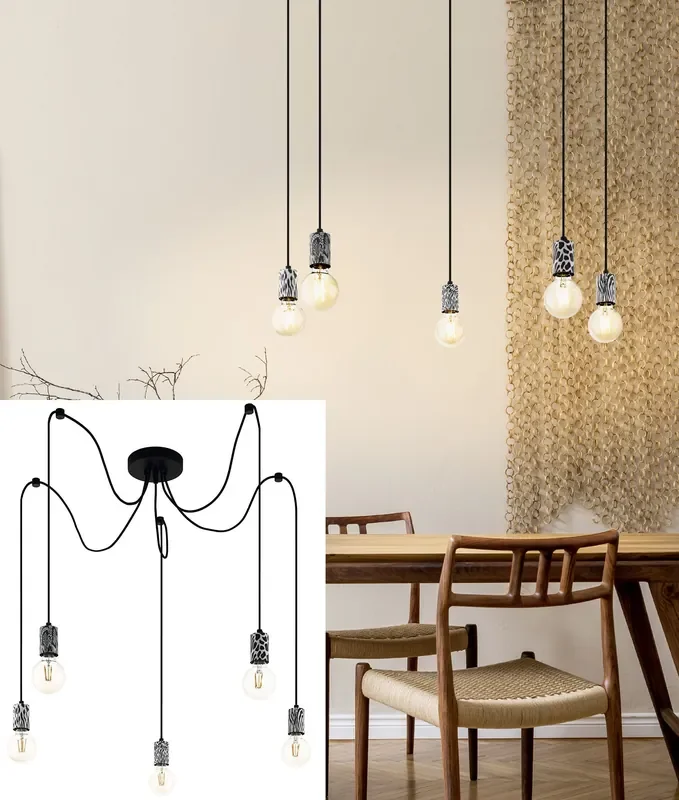 5 Light Spider Pendant with Animal Print Lamp Holders