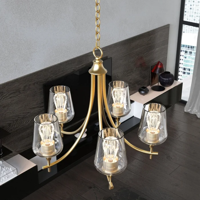 5-Lights Chandelier Light – Brass Gold Finish with Clear Glass Shades, E26 Socket, UL Listed for Damp Location, 3 Years Warranty