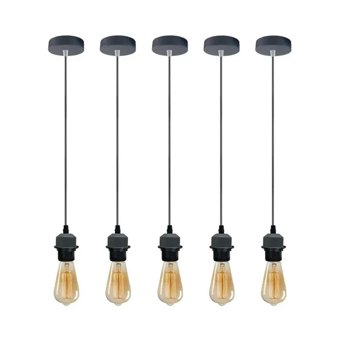 5 Pack Industrial Grey Pendant Light Fittings – With Bulbs