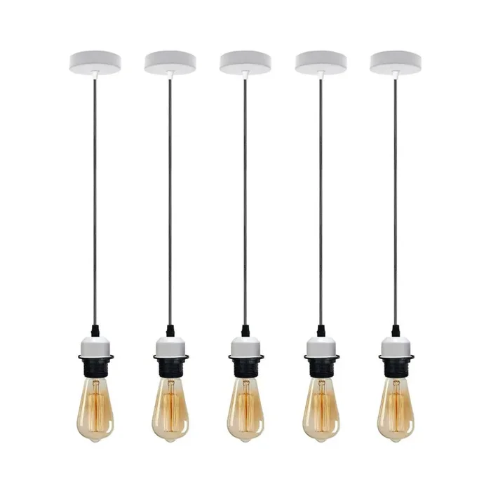 5 Pack Industrial White Pendant Light Fittings – With Bulbs