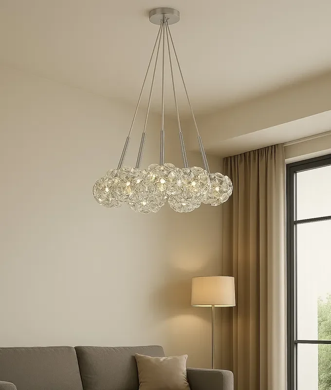 7 Light Cluster Pendant – Polished Chrome with Crystal Shades